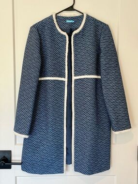 J. McLaughlin Blue White Fringe Trim Tweed Jacket Size M